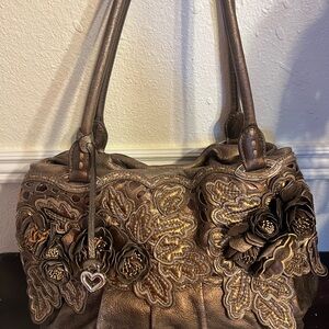 BRIGHTON MASTERPIECE BRONZE BROWN 3D FLORAL LEATHER APPLIQUE SHOULDERBAG